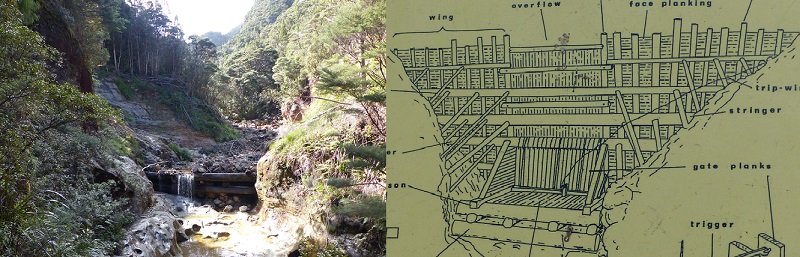 Kauri Dam as it is today and drawing of the full structure, Aotea